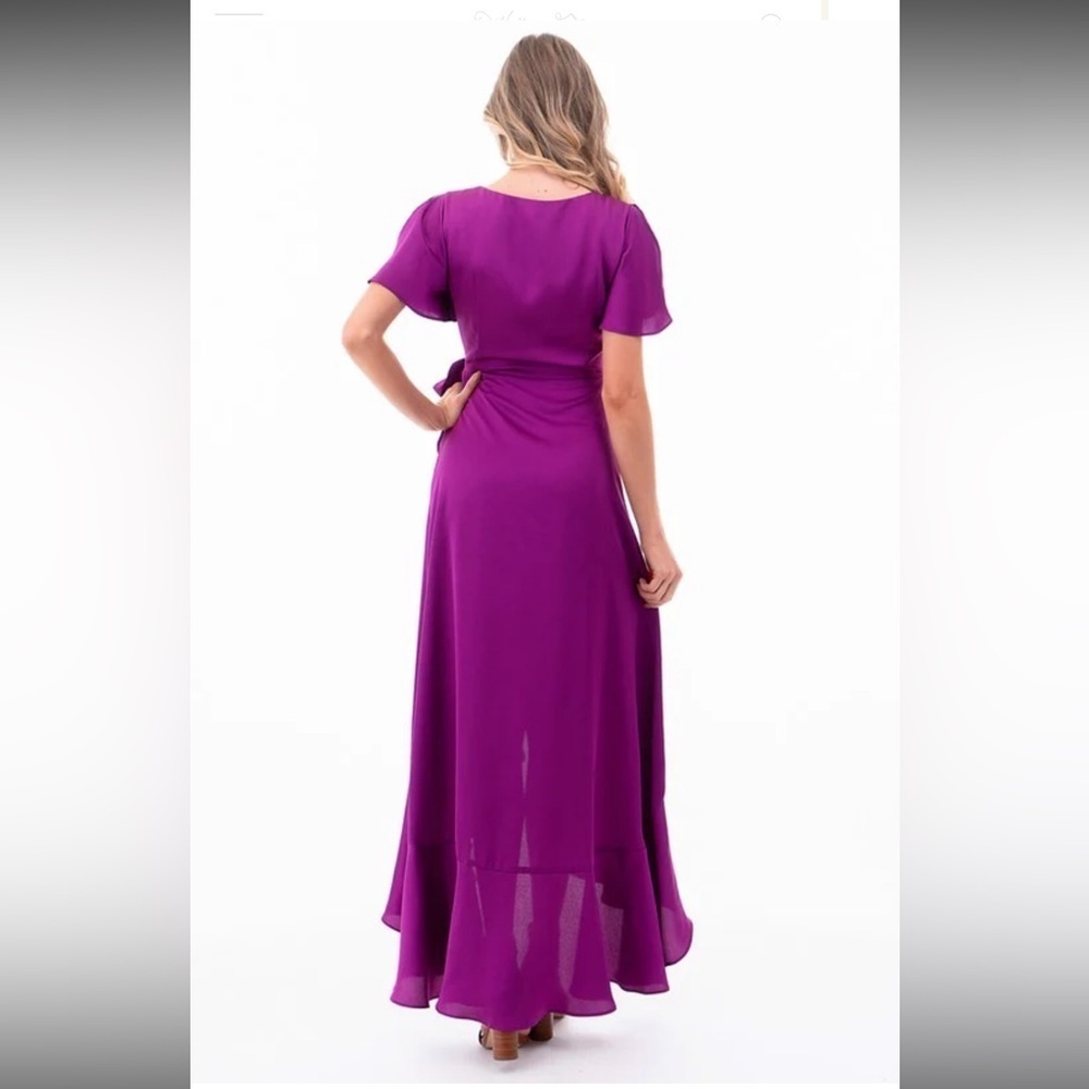 PURPLE WITH FLUTTER SLEEVES RUFFLE WRAP MAGENTA MAXI DRESS 159.00 - Picture 5 of 6